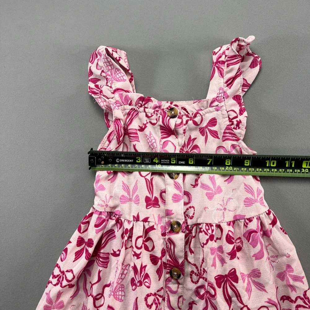Nannette A Line Dress Girls 5 Pink All Over Bow Print Ruffle Shoulder Straps
